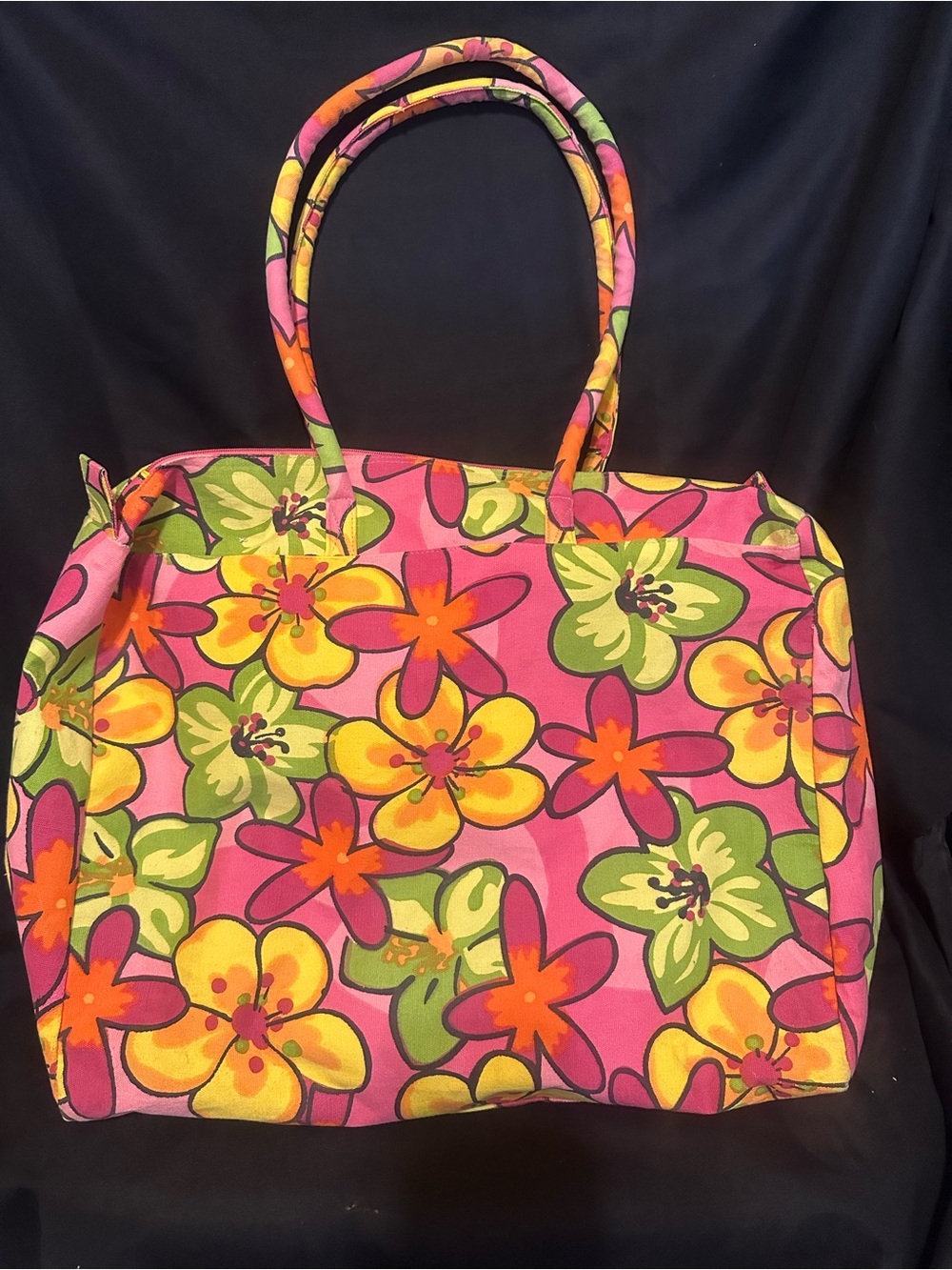 Floral Pink Canvas Tote Bag with Green & Yellow Flower Print